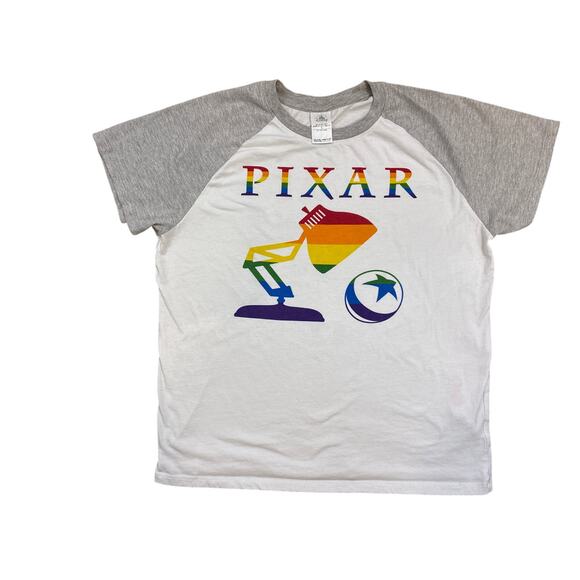 Pixar spell out & lamp ball pride LGBTQ Large casual Disney white rainbow shirt - Picture 1 of 5